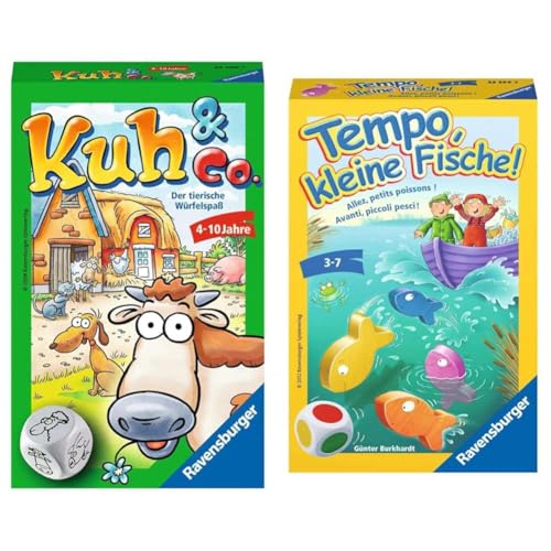 Ravensburger 23160 - Kuh und co, Mitbringspiel für 2-6 Spieler & 23334 - Tempo, kleine Fische, Mitbringspiel für 1-6 Spieler, Kinderspiel ab 3 Jahren, kompaktes Format, Reisespiel, Brettspiel von Ravensburger