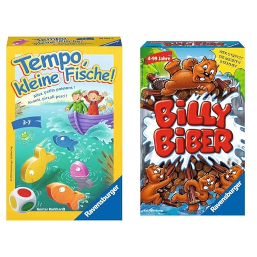 Ravensburger 23334 - Tempo, kleine Fische, Mitbringspiel für 1-6 Spieler & 23280 - Billy Biber, Mitbringspiel für 1-4 Spieler, Kinderspiel ab 4 Jahren, kompaktes Format, Reisespiel Ravensburger 23334 - Tempo, kleine Fische, Mitbringspiel für 1-6 Spieler & 23280 - Billy Biber, Mitbringspiel für 1-4 Spieler, Kinderspiel ab 4 Jahren, kompaktes Format, Reisespiel von Ravensburger