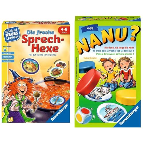 Ravensburger 24944 - Die freche Sprech-Hexe - Spielen und Lernen für Kinder & 23063 - Nanu? Mitbringspiel für 2-4 Spieler, Merkspiel ab 4 Jahren, kompaktes Format, Reisespiel, Würfelspiel von Ravensburger