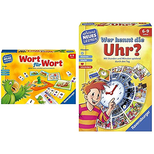 Ravensburger 24955 - Wort für Wort - Spielen und Lernen für Kinder & Wer kennt die Uhr? - Spielen und Lernen für Kinder, Lernspiel für Kinder ab 6-9 Jahren, Spielend Neues Lernen für 1-4 Spieler von Ravensburger