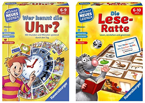 Ravensburger 24956 - Die Lese-Ratte - Spielen und Lernen für Kinder, Lernspiel für Kinder ab 6-10 Jahren & Wer kennt die Uhr? - Spielen und Lernen für Kinder, Lernspiel für Kinder ab 6-9 Jahren von Ravensburger
