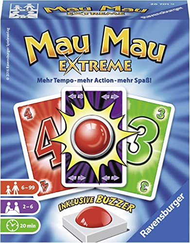 Ravensburger 26701 - Mau Mau Extreme, Kartenspiel mit Buzzer, Klassiker für 2-6 Spieler, Ablegespiel für Kinder und Erwachsene ab 6 Jahren Ravensburger 26701 - Mau Mau Extreme, Kartenspiel mit Buzzer, Klassiker für 2-6 Spieler, Ablegespiel für Kinder und Erwachsene ab 6 Jahren von Ravensburger