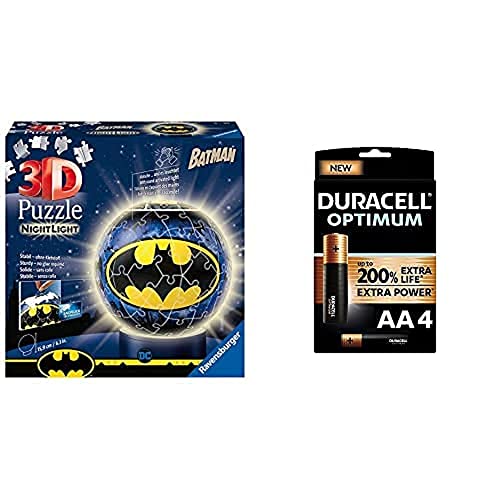 Ravensburger 3D Puzzle 11080 Nachtlicht Puzzle-Ball Batman 72 Teile ab 6 Jahren, LED Nachttischlampe + Duracell NEU Optimum AA Mignon Alkaline Batterien, 1.5V LR6 MX1500, 4er-Pack von Ravensburger