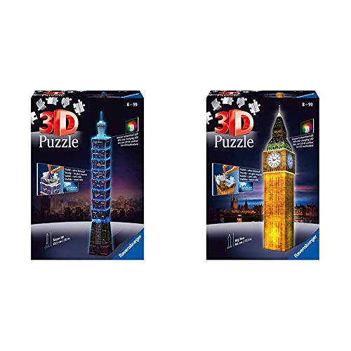 Ravensburger 3D Puzzle 11149 - Taipei 101 bei Nacht - 234 Teile & 3D Puzzle Big Ben bei Nacht mit 216 Teilen, für Kinder und Erwachsene, Wahrzeichen von London im Miniatur-Format, Leuchtet im Dunkeln von Ravensburger
