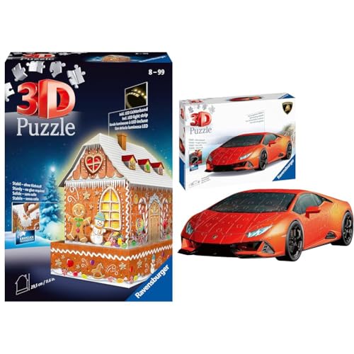 Ravensburger 3D Puzzle 11237 - Lebkuchenhaus bei Nacht & 3D Puzzle Lamborghini Huracán EVO 11238 - Das berühmte Fahrzeug als 3D Puzzle Auto - 108 Teile - ab 8 Jahren von Ravensburger