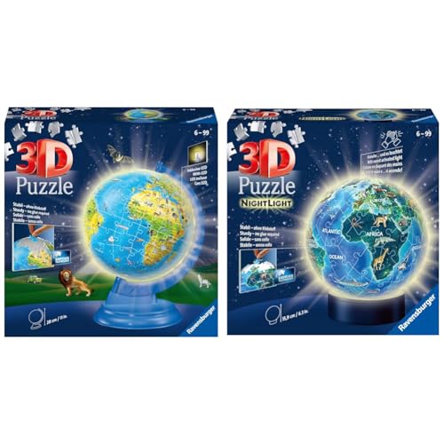 Ravensburger 3D Puzzle 11274 - Kinderglobus mit Licht in deutscher Sprache & 3D Puzzle Erde im Nachtdesign Nachtlicht 11844 - Puzzle-Ball - 72 Teile - für Globus Fans ab 6 Jahren von Ravensburger