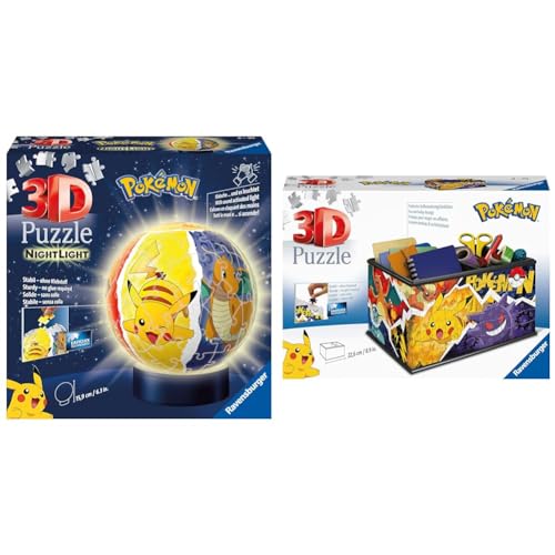 Ravensburger 3D Puzzle 11547 - Nachtlicht Puzzle-Ball Pokémon & 3D Puzzle 11546 - Aufbewahrungsbox Pokémon - 216 Teile - Praktischer Organizer für Pokémon Fans ab 8 Jahren von Ravensburger