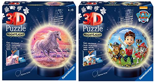 Ravensburger 3D Puzzle 11843 - Nachtlicht Puzzle-Ball Pferde am Strand - 72 Teile - ab 6 Jahren & 3D Puzzle 11842 - Nachtlicht Puzzle-Ball Paw Patrol - 72 Teile - ab 6 Jahren von Ravensburger