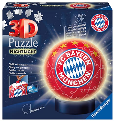Ravensburger 3D Puzzle 12177 - Nachtlicht Puzzle-Ball FC Bayern München - 74 Teile - ab 6 Jahren, LED Nachttischlampe mit Klatsch-Mechanismus, Fußball Geschenke Jungen und Mädchen von Ravensburger