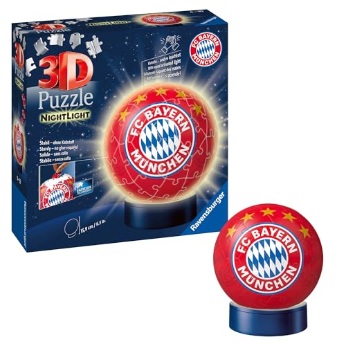 Ravensburger 3D Puzzle 12177 - Nachtlicht Puzzle-Ball FC Bayern München - 74 Teile - ab 6 Jahren, LED Nachttischlampe mit Klatsch-Mechanismus von Ravensburger