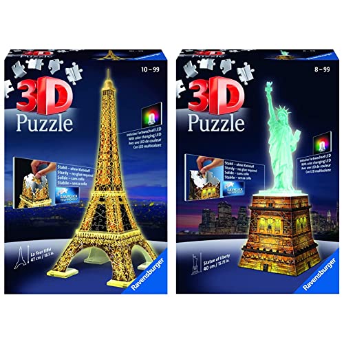 Ravensburger 3D Puzzle Eiffelturm bei Nacht mit 216 Teilen, für Kinder und Erwachsene & 3D Puzzle Freiheitsstatue bei Nacht, für Kinder und Erwachsene, Wahrzeichen von New York im Miniatur-Format von Ravensburger