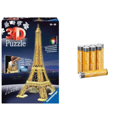 Ravensburger 3D Puzzle Eiffelturm in Paris bei Nacht 12579 - leuchtet im Dunkeln - 216 Teile - ab 10 Jahren & Amazon Basics AAA-Alkalibatterien, leistungsstark, 1,5 V, 8 Stück(Aussehen kann variieren) von Ravensburger