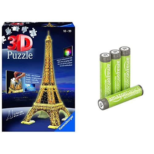 Ravensburger 3D Puzzle Eiffelturm in Paris bei Nacht 12579 - leuchtet im Dunkeln - 216 Teile - ab 10 Jahren & Amazon Basics AAA-Batterien, wiederaufladbar, vorgeladen, 4 Stück(Aussehen kann variieren) von Ravensburger