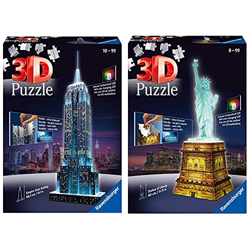 Ravensburger 3D Puzzle Empire State Building bei Nacht, Wahrzeichen von New York im Miniatur-Format & 3D Puzzle Freiheitsstatue bei Nacht, Wahrzeichen von New York im Miniatur-Format von Ravensburger