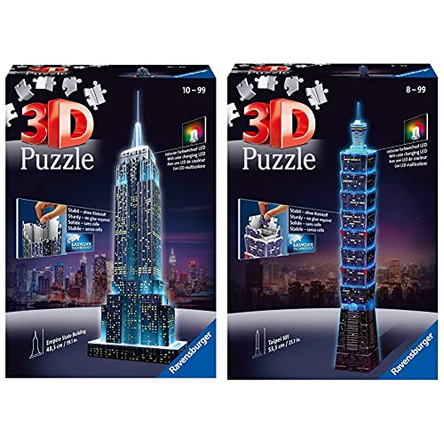 Ravensburger 3D Puzzle Empire State Building bei Nacht, für Kinder und Erwachsene, Wahrzeichen von New York im Miniatur-Format, Leuchtet im Dunkeln & 3D Puzzle 11149 - Taipei 101 bei Nacht -234 Teile von Ravensburger