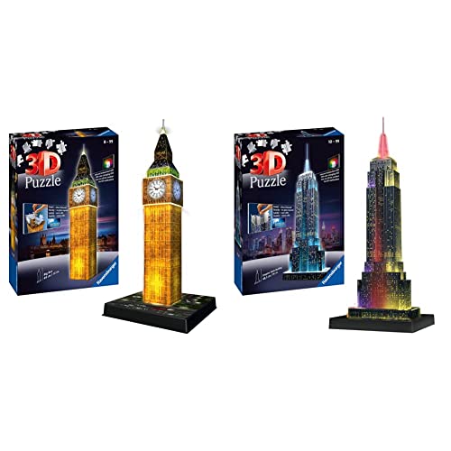 Ravensburger 3D Puzzle Empire State Building bei Nacht, für Kinder und Erwachsene & 3D Puzzle Big Ben bei Nacht mit 216 Teilen, für Kinder und Erwachsene, Wahrzeichen von London im Miniatur-Format von Ravensburger