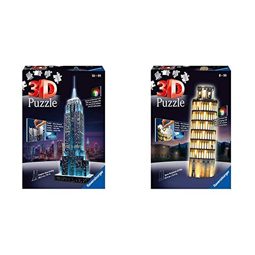 Ravensburger 3D Puzzle Empire State Building bei Nacht, für Kinder und Erwachsene & 3D Puzzle Schiefer Turm von Pisa bei Nacht, 3D Puzzle für Kinder und Erwachsene, Wahrzeichen im Miniatur-Format von Ravensburger