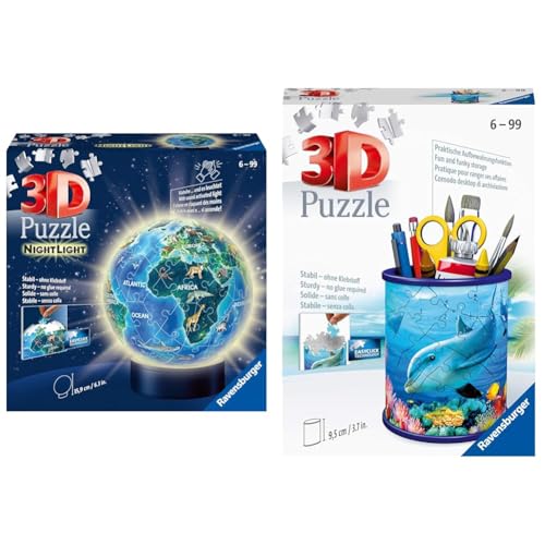 Ravensburger 3D Puzzle Erde im Nachtdesign Nachtlicht 11844 Puzzle-Ball 72 Teile für Globus Fans ab 6 Jahren & 3D Puzzle 11176 Utensilo Unterwasserwelt 54 Teile Stiftehalter von Ravensburger