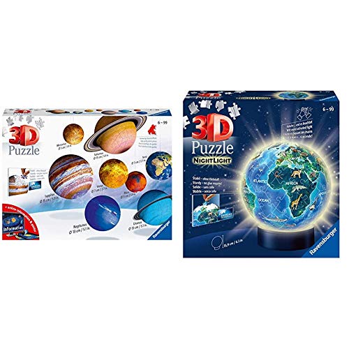 Ravensburger 3D Puzzle Planetensystem für Kinder ab 7 Jahren - 8 Puzzleball-Planeten als Sonnensystem Modell mit Poster & 3D Puzzle 11844 - Nachtlicht - Erde bei Nacht - 72 Teile von Ravensburger