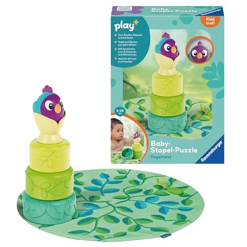 Ravensburger 4857 Play+ Baby-Stapel-Puzzle: Vogelnest, Montessori-Puzzle, Silikon, Saugnapf-Spielzeug für Baby ab 6 Monaten, Stapelturm aus Silikon mit Rassel, Babygeschenk von Ravensburger
