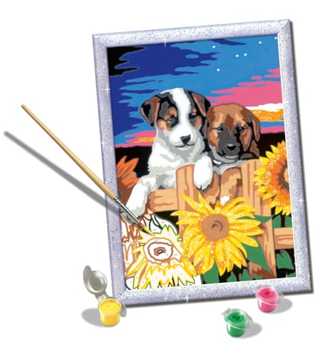 Ravensburger - CreArt D-Serie: Hunde mit Sonnenblumen, Malen nach Zahlen, enthält eine vorgedruckte Tafel, Pinsel, Farben und Zubehör, kreatives Spiel für Kinder ab 7 Jahren von Ravensburger