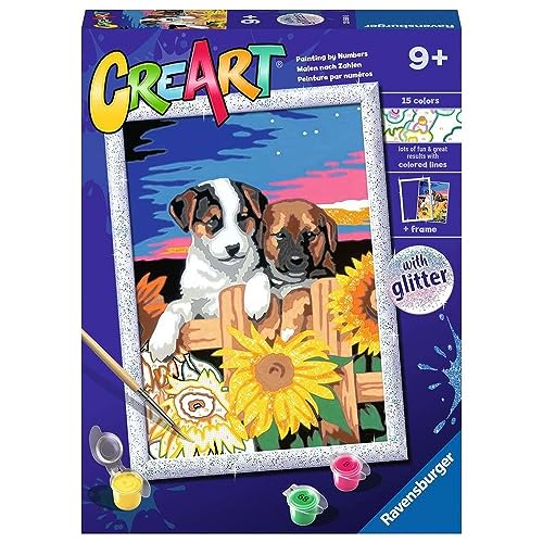 Ravensburger - CreArt D-Serie: Hunde mit Sonnenblumen, Malen nach Zahlen, enthält eine vorgedruckte Tafel, Pinsel, Farben und Zubehör, kreatives Spiel für Kinder ab 7 Jahren von Ravensburger