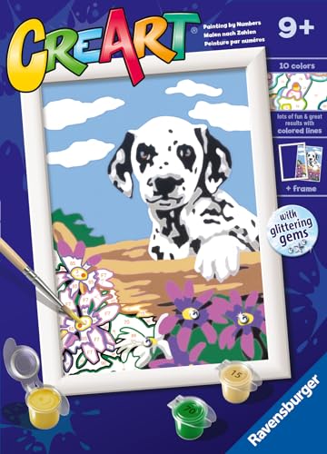 Ravensburger - CreArt E Series Classic: Dalmatiner mit Blumen, Malset nach Zahlen, enthält ein vorgedrucktes Brett, einen Pinsel, Farben und Zubehör, kreatives Spiel für Jungen und Mädchen 9+ Jahre von Ravensburger