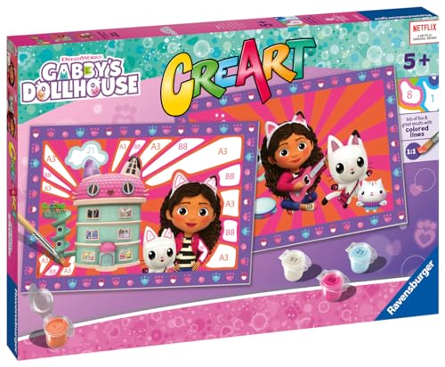 Ravensburger - CreArt Junior Serie: Gabby's Dollhouse, Malset nach Zahlen, enthält zwei vorgedruckte Tabellen, einen Pinsel, Farben, kreatives Spiel für Jungen und Mädchen 5+ Jahre von Ravensburger
