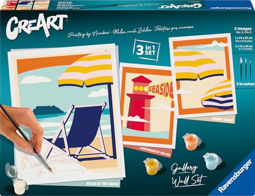 Ravensburger CreArt 23901-3-in-1 Bilderwand-Set Am Strand - Malen nach Zahlen Erwachsene, DIY Malset mit Pinsel und Acrylfarben, Geschenk für Frauen und Männer von Ravensburger