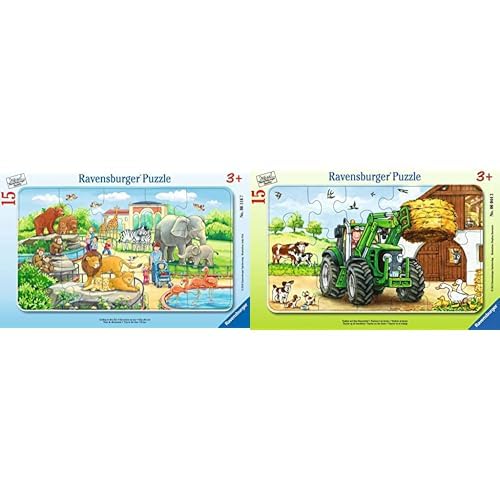 Ravensburger Kinderpuzzle - 06116 Ausflug in den Zoo - mit 15 Teilen & Kinderpuzzle - 06044 Traktor auf dem Bauernhof - Rahmenpuzzle für Kinder ab 3 Jahren, mit 15 Teilen von Ravensburger