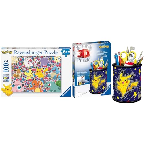 Ravensburger Kinderpuzzle 13338 - Bereit zu kämpfen! - 100 Teile XXL Pokémon Puzzle für Kinder ab 6 Jahren & 3D Puzzle 11257 - Utensilo Pokémon Pikachu - 54 Teile - Stiftehalter für Pokémon Fans von Ravensburger