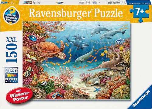 Ravensburger Kinderpuzzle 13411 - Meerestiere am Korallenriff - Wieso? Weshalb? Warum? Puzzle 150 Teile XXL + Wissensposter, für Kinder ab 7 Jahren von Ravensburger