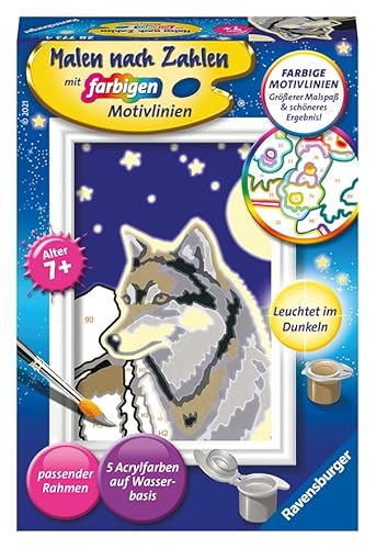 Ravensburger CreArt 28773 - Wolfsportrait - Malen nach Zahlen für Kinder ab 7 Jahre, Malset mit Rahmen, Pinsel und Acrylfarben, Geschenk für Mädchen und Jungen, Leuchtet im Dunkeln von Ravensburger