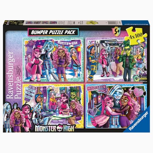 Ravensburger - Monster High, Kollektion Bumper Pack 4 x 100, Geschenkidee für Kinder ab 5 Jahren, pädagogisches und stimulierendes Spiel, 4 Puzzle mit 100 Teilen, 36 x 26 cm von Ravensburger