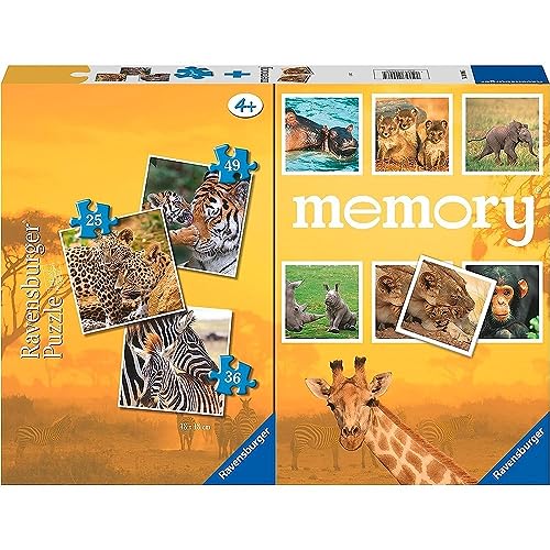 Ravensburger - Savana, Memory® 48 Karten + 3 Kinderpuzzles mit 25/36/49 Teilen, 4+ Jahre von Ravensburger