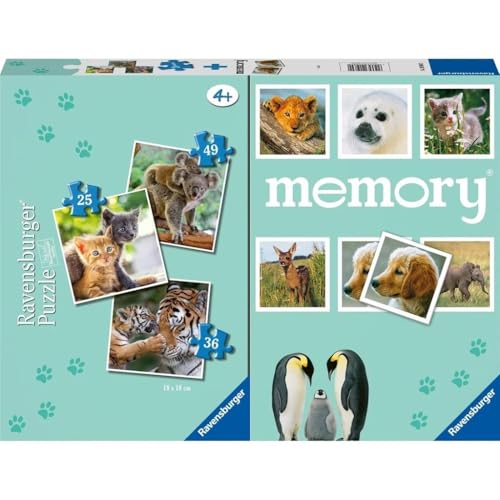 Ravensburger - Welpen, Memory® 48 Karten + 3 Kinderpuzzle ab 25/36/49 Teile, 4+ Jahre Kinder ab 25/36/49 Teile, 4+ Jahre von Ravensburger