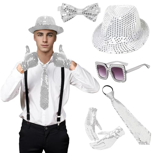 70er 80er Jahre Disco Karneval Outfit Herren Damen Accessories, Pailletten Hut Sliver Set, Sonnenbrille, Glitzer Krawatte und Hosenträger Herren für Faschingskostüme, Jazz Dance Performence (Silver) 70er 80er Jahre Disco Karneval Outfit Herren Damen Accessories, Pailletten Hut Sliver Set, Sonnenbrille, Glitzer Krawatte und Hosenträger Herren für Faschingskostüme, Jazz Dance Performence (Silver) von Raveparty