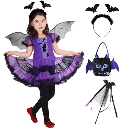 Fledermaus Kostüm Kinder, Hexenkostüm Mädchen, Fledermaus Flügel, Halloween Karneval Party Outfits Cosplay für Mädchen (Style A, 110cm) von Raveparty