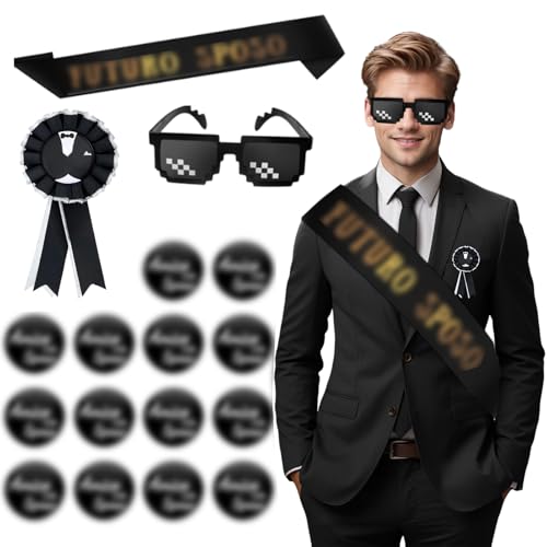 JGA Deko Männer Bräutigam Schärpe Button Set mit Bräutigam Buttons Anstecker, für Junggesellenabschied Engagement Feiern Bedarf Schwarz Gold (Style A) von Raveparty