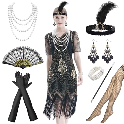 Raveparty 20er Jahre Kostüm, Zeitreise Kostüm, 1920er Accessoires, Great Gatsby Accessoires, Charleston Kleid, Karneval Faschingskostüme Damen (D, L) von Raveparty