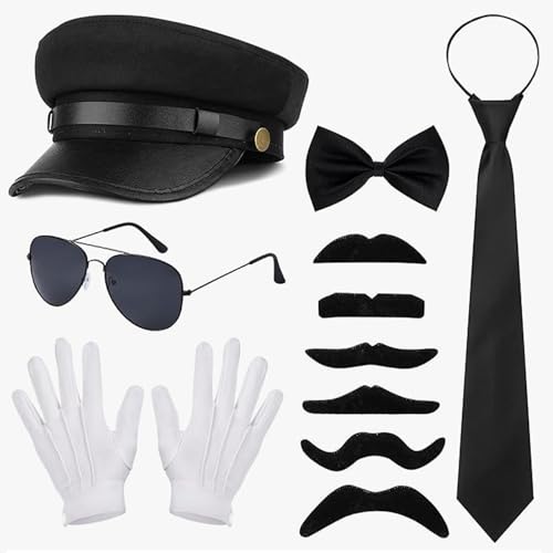 Raveparty 6 Stück Chauffeur Kostüm Zubehör, Chauffeur Mütze, 1980er Gangster Kostüm Zubehör für Karneval Halloween Fasching Cosplay (Style A) von Raveparty