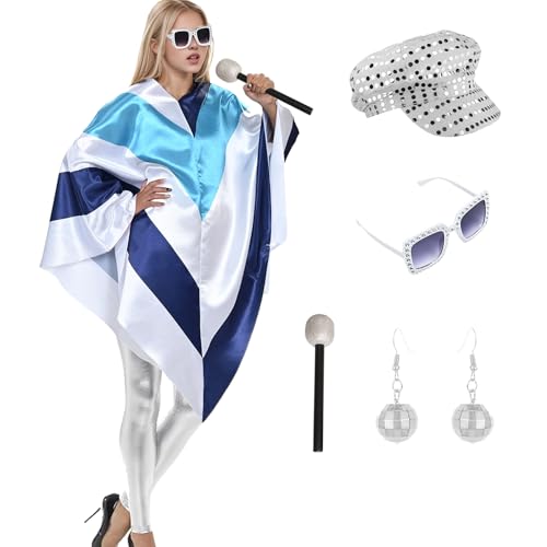 Raveparty 70er Jahre Verkleidung Damen, Eurovision Fasching, 70er Jahre Outfits für Frauen mit Poncho Weiße Sonnenbrille für Disco Party Tanzshow Retro Mottoparty (Stil B) von Raveparty