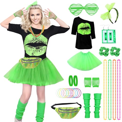 Raveparty 90er 80er Jahre Outfit Damen, T-Shirt, Stirnband, Ohrring, Halskette, 80er Jahre Accessoire, Karneval Kostüm Damen, für 80er Neon Accessoires Thema Party Karneval Damen (Style B, L) von Raveparty