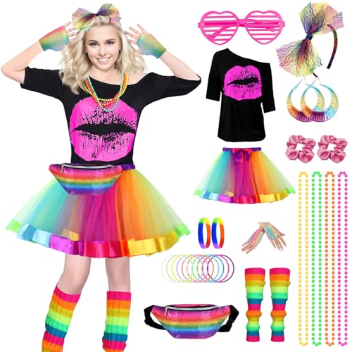 Raveparty 90er Jahre Outfit Damen, T-Shirt, Stirnband, Ohrring, Halskette, 80er Jahre Accessoire, Karneval Kostüm, für Neon Accessoires Thema Party (Style E, XXL) von Raveparty