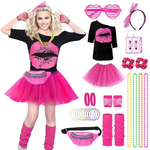 Raveparty 90er Jahre Outfit Damen, T-Shirt, Stirnband, Ohrring, Halskette, 80er Accessoire, Karneval Kostüm, für Neon Thema Party (Style A, S) von Raveparty