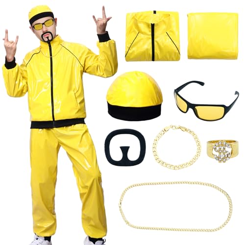 Raveparty 90er Jahre Rapper Celebrity Ali-g Kostüm - Hip Hop Verkleidung für Erwachsene mit Hut, Halskette, Bart, Brille, Ring für Karneval Halloween Party von Raveparty