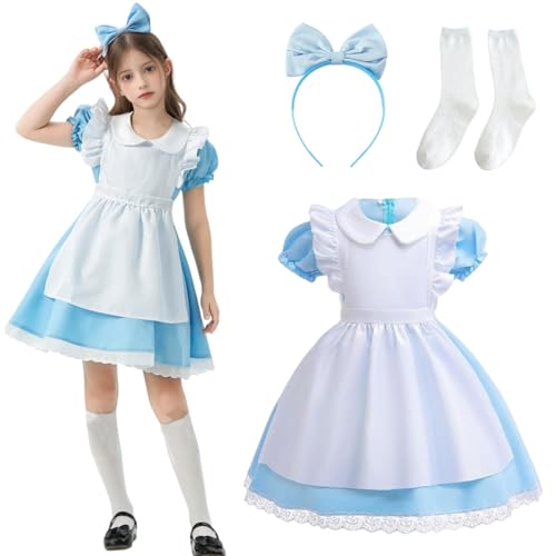 Raveparty Alice Kostüm Kinder, Wunderland-Kostüm für Kinder, blaues Dienstmädchen-Kostüm mit Schleife, Stirnband, weiße Socken für Mädchen, Welttag des Buches, Cosplay-Party (B, 110) von Raveparty