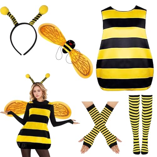 Raveparty Bienenkostüm Erwachsene, Bienenflügel Erwachsene, Bienenkostüm Damen mit Stirnband, Flügel, Handschuhe, Socken für Welttag des Buches, Karneval, Halloween (XL) von Raveparty