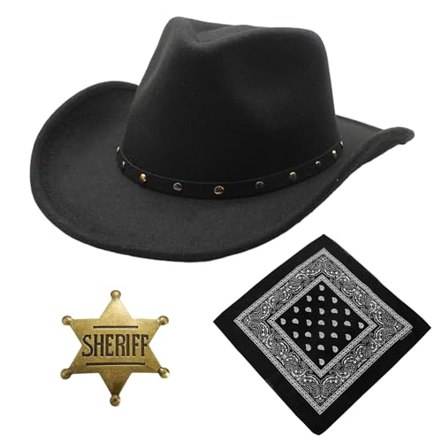 Raveparty Schwarzer Cowboyhut, Cowboyhüte für Herren, Kuhhhut Set mit Westernhüten, Polizeiabzeichen, Schals für Musikshow, Karneval, Halloween, Weihnachten (B) von Raveparty