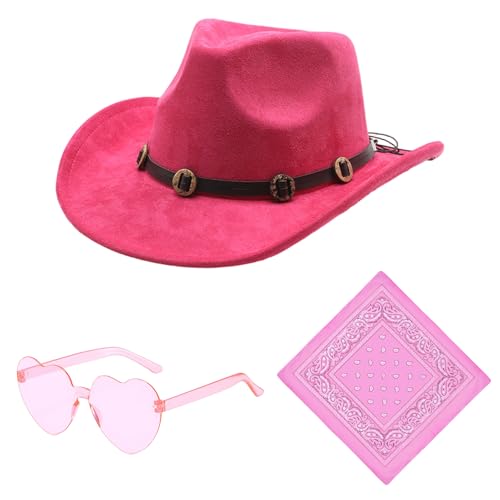 Raveparty Cowgirl-Hut, Rosa Cowboyhut Damen Cowgirl-Hüte mit rosa Hijab Herz Sonnenbrille für Damen Cowboyhüte Pferdeshows Karneval Halloween (Stil 1) von Raveparty